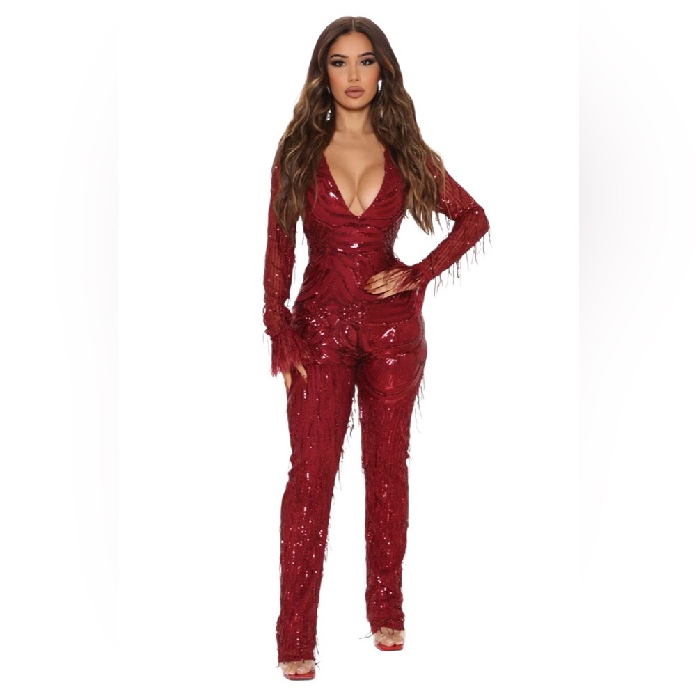 NWT Fashion Nova Life of the Party Burgundy Sequin Feather Long Sleeve Jumpsuit